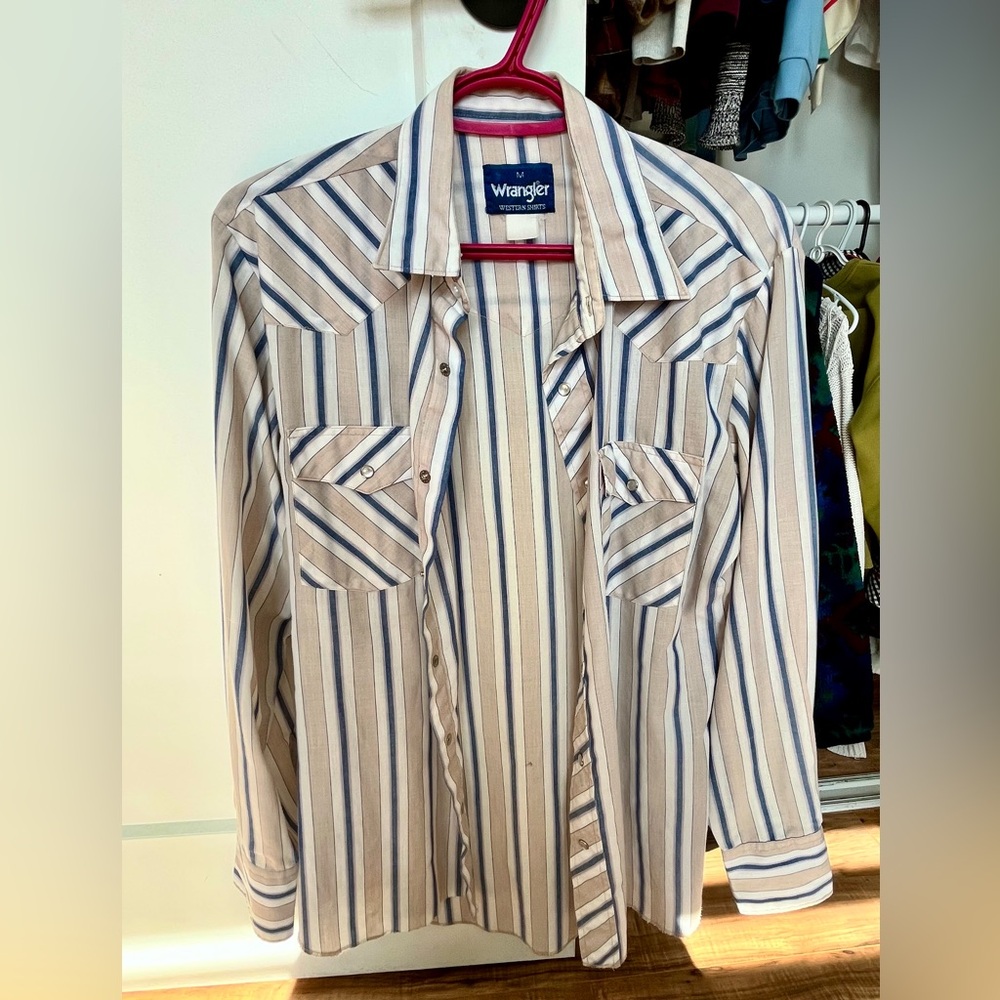 Vintage Wrangler Men's Western Shirt - Blue and Beige